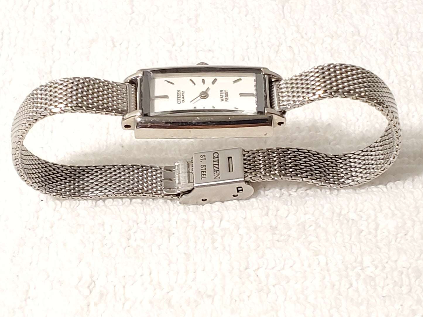 Vintage Citizen Women's Tank Stainless Steel Watch White Dial Mesh Band Onyx Tip