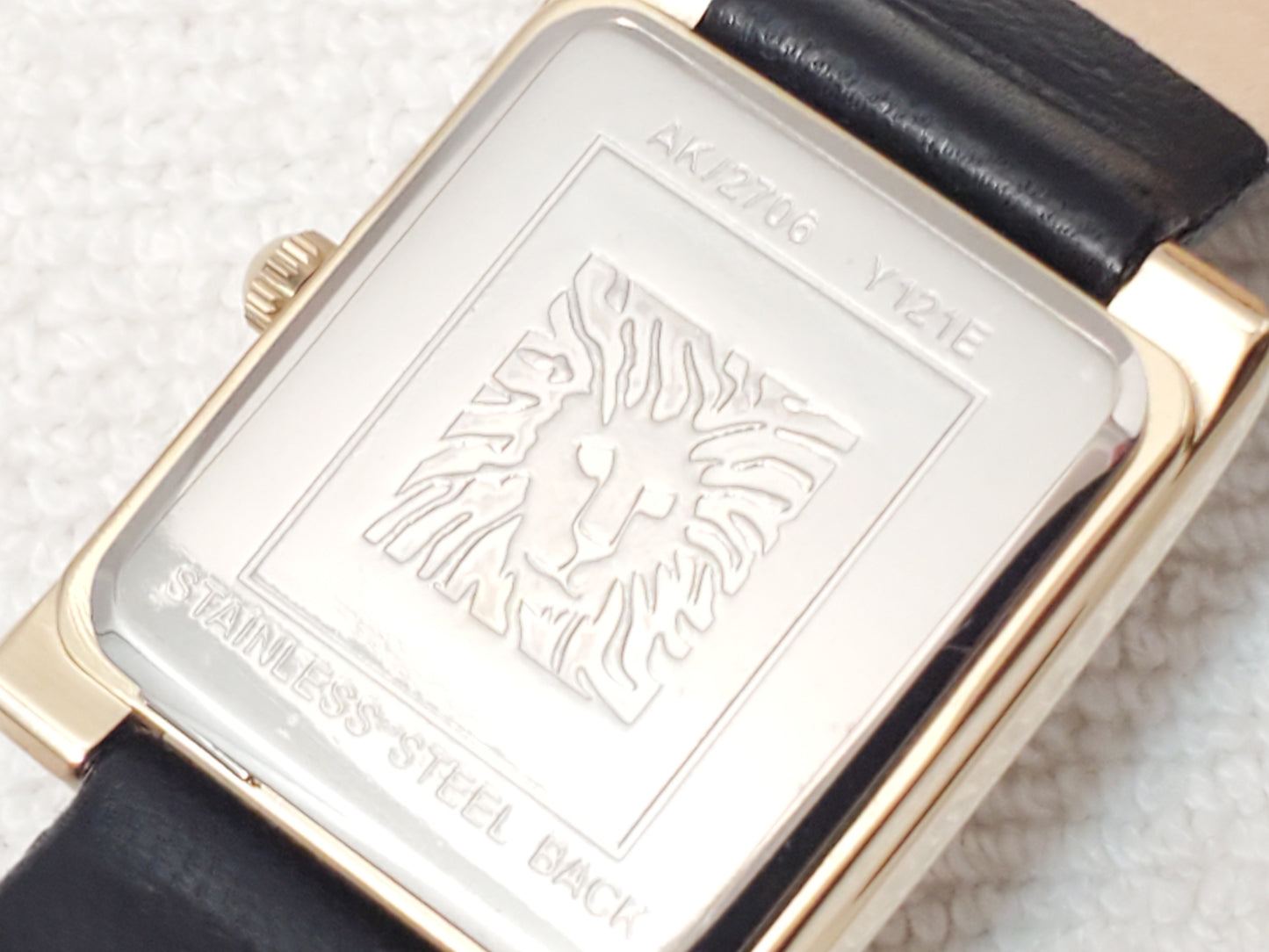 Vintage Anne Klein Gold Tone Tank Women's Quartz Watch Black Leather Strap SS