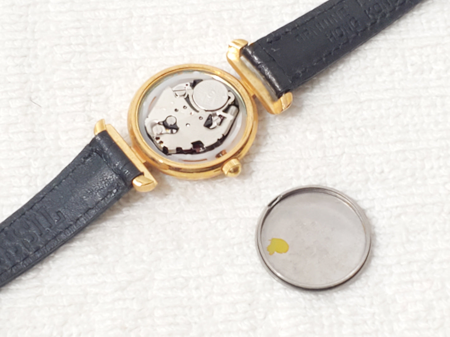 Vintage Fossil Mosaic Blue Dial Women's Gold Tone Watch Black Leather Strap