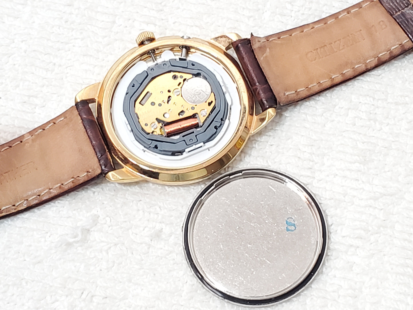 Vintage Citizen Men's Day Date Month Gold Plated Quartz Watch Brown Leather Band