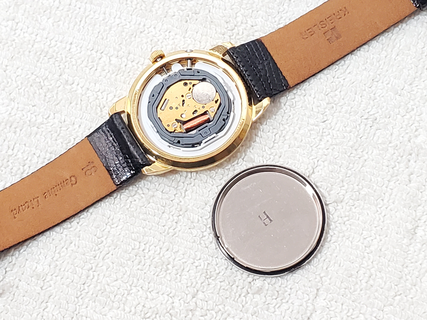 Vintage Citizen Men's Day Date Month Gold Plated Quartz Watch Black Leather Band