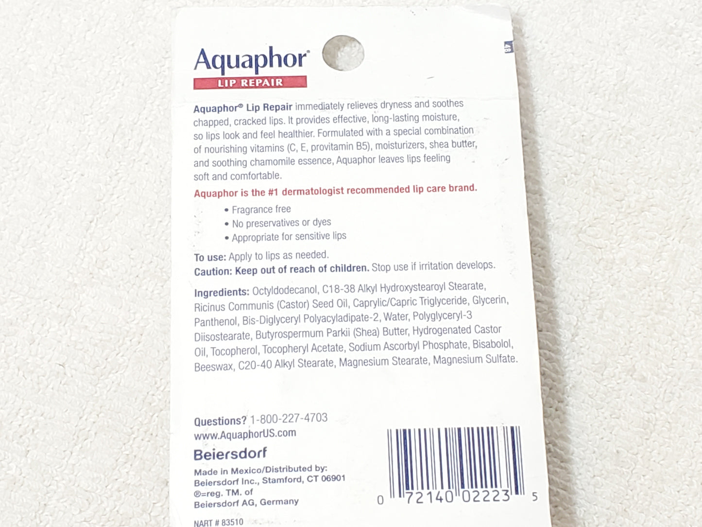 Aquaphor Lip Repair Ointment Moisturizing 0.35 oz / 10 ml Pack of 2 New Sealed