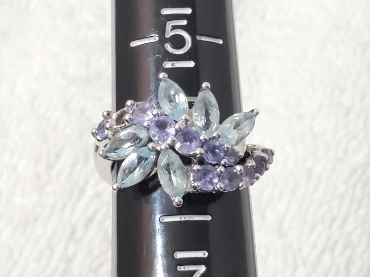 Vintage 925 Sterling Silver Aquamarine & Tanzanite Cluster Bypass Ring Size 6