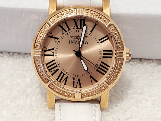 Invicta Wildflower Women's Quartz Watch Rose Gold Tone White Leather Strap Roman Numerals