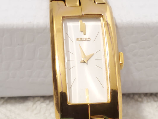 Vintage Seiko Tank Women's Gold Tone Quartz Watch White Dial Stainless Steel