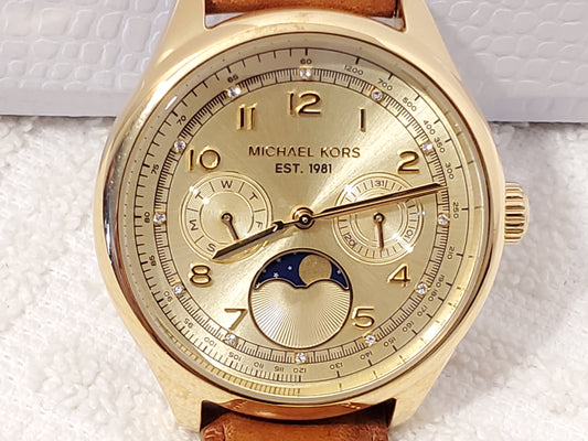 Michael Kors Women Day Date Moon Phase Quartz Watch Gold Tone Swarovski Crystals