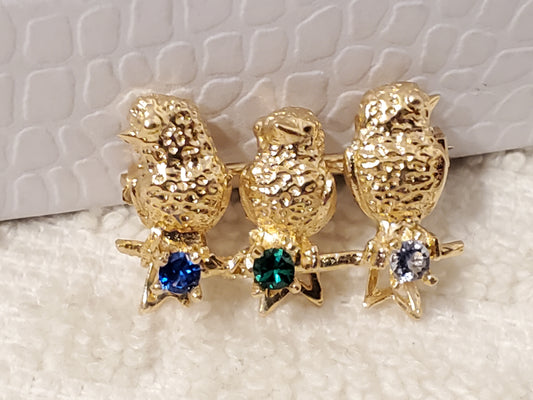Vintage Brooch Pin 14 Karat Gold Multicolor Stones 3 Birds on Branch Women's