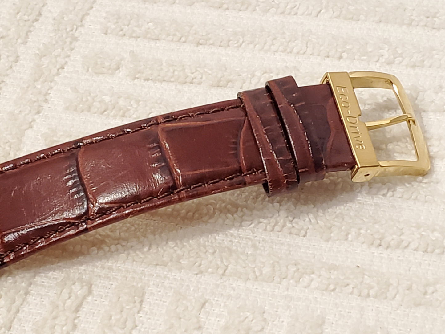 Vintage Citizen Eco Drive Mens Gold Tone Day Date Watch Black Dial Brown Leather