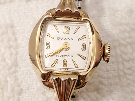 Vintage Bulova Womens Wind Up Watch 10K Gold Plated Seventeen Jewels Silver Dial