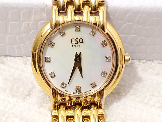 Vintage ESQ Swiss by Movado Women's Watch Diamonds Gold Plated Mother Pearl Dial