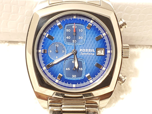 Vintage Fossil Men's Chronograph Date Quartz Watch Blue Dial Stainless Steel