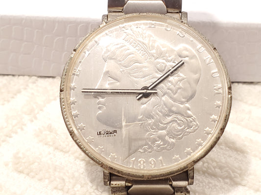 Vintage Le Jour 1891 Genuine Silver Dollar Coin Watch Seventeen Jewels Stainless Steel