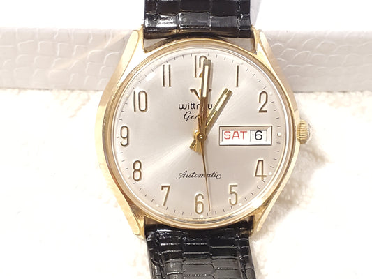 Vintage Wittnauer Geneve Automatic Men's Watch Day Date Silver Dial Luminous Hands Seventeen Jewels Black Leather Strap