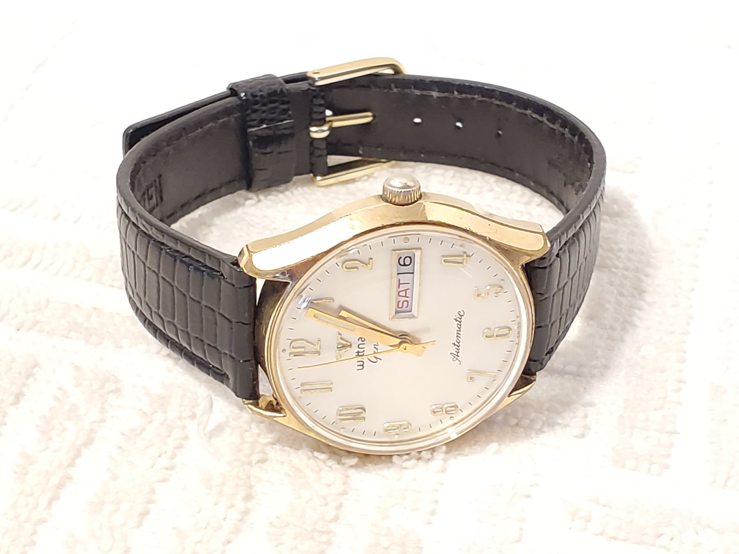 Vintage Wittnauer Geneve Automatic Men's Watch Day Date Silver Dial Luminous Hands Seventeen Jewels Black Leather Strap