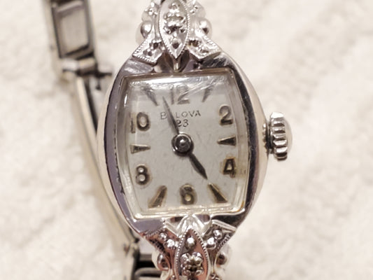 Vintage Bulova 23 Jewels Women's Wind Up Watch 10K Gold Plated Two Diamonds