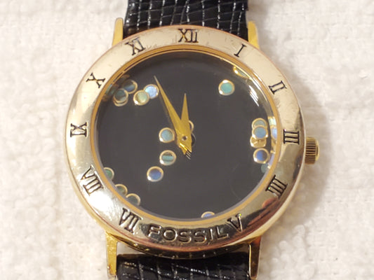Vintage Fossil Women Watch Gold Tone Black Dial Opal Pieces Roman Numerals Bezel