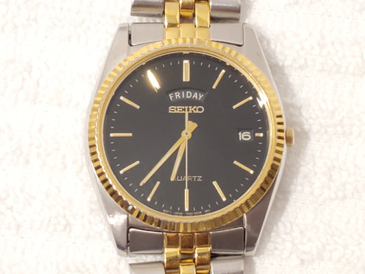 Vintage Seiko Day Date Mens Presidential Quartz Watch Stainless Steel Black Dial