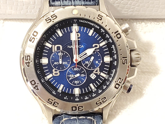 Vintage Nautica Men's Stainless Steel Chronograph Date Watch Blue Black Dial