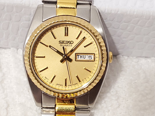 Vintage Seiko Women's Gold Dial Stainless Steel Day Date Quartz Watch Two Tone