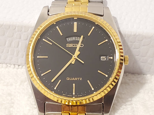 Vintage Seiko Men's Day Date Black Dial Quartz Presidential Watch Gold Tone SS