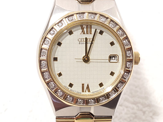 Vintage Citizen Eco Drive Women's Watch Date Diamonds Bezel Gold Tone S Steel