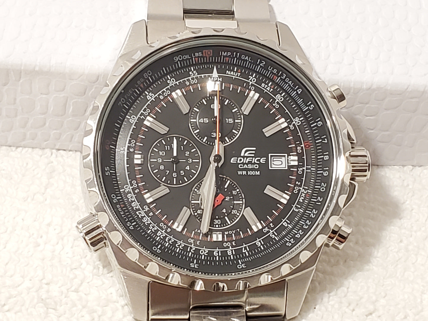 Vintage Casio Edifice Men's Chronograph Date Quartz Watch Stainless Steel Black Dial WR 100 Meters