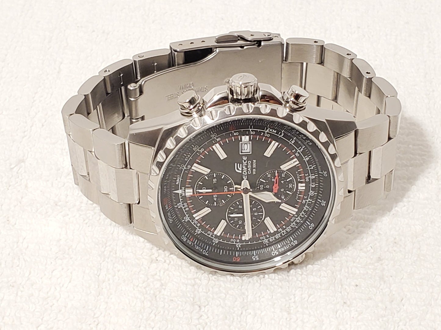 Vintage Casio Edifice Men's Chronograph Date Quartz Watch Stainless Steel Black Dial WR 100 Meters
