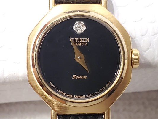 Vintage Citizen Women's Black Dial Diamond Watch Gold Tone Leather Band 2 Jewels
