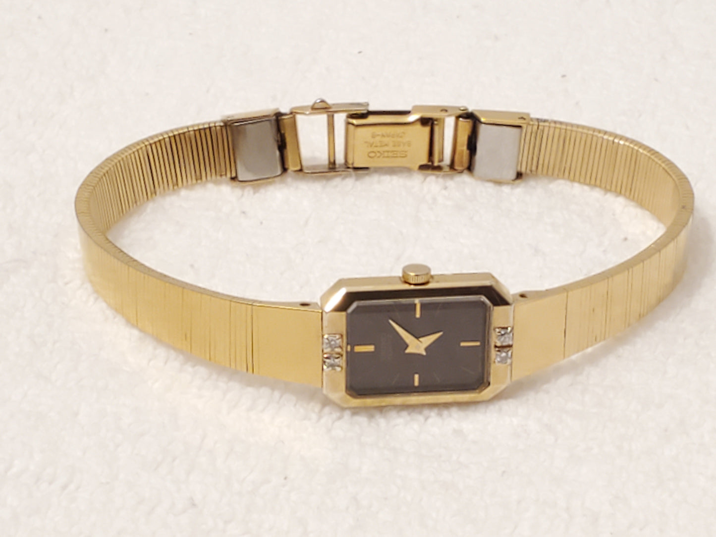 Vintage Seiko Women's Watch Gold Plated 4 Diamonds Bezel Two Jewels Brown Dial