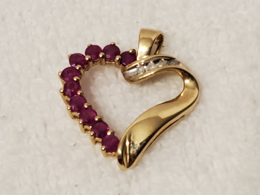 Vintage 10 Karat Yellow Gold Open Heart Pendant Diamonds Red Rubies Women's