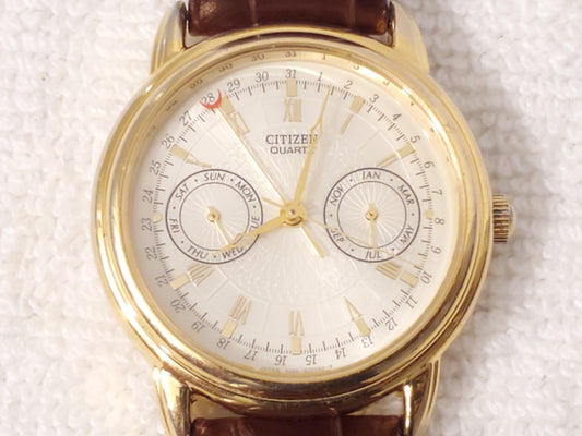 Vintage Citizen Men's Day Date Month Watch Brown Leather Silver Dial Gold Tone