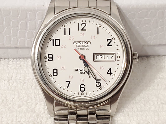 Vintage Seiko Railroad Approved Sports 50 Men's Day Date Watch Stainless Steel