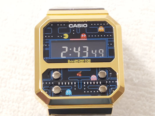 Casio Pac-Man Black Gold Multicolor Men's Digital Watch Day Date Alarm S Steel