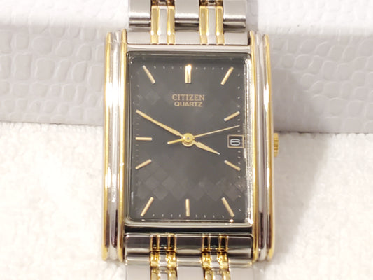 Vintage Citizen Men's Tank Gold Tone Watch Black Dial Date Stainless Steel