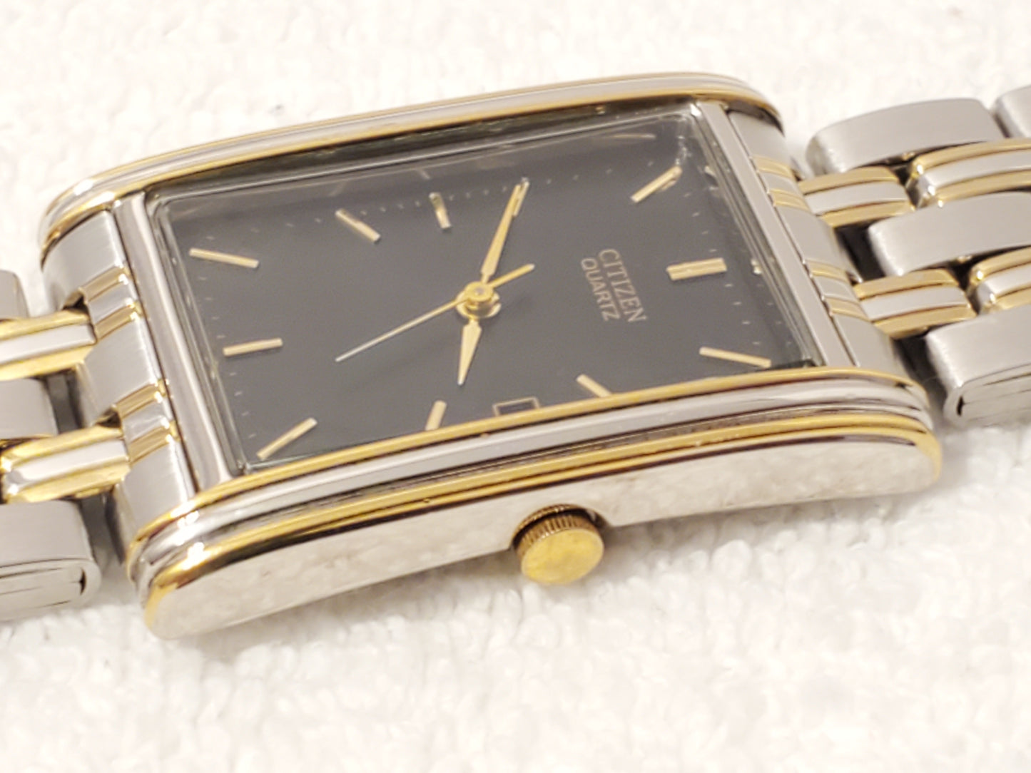 Vintage Citizen Men's Tank Gold Tone Watch Black Dial Date Stainless Steel