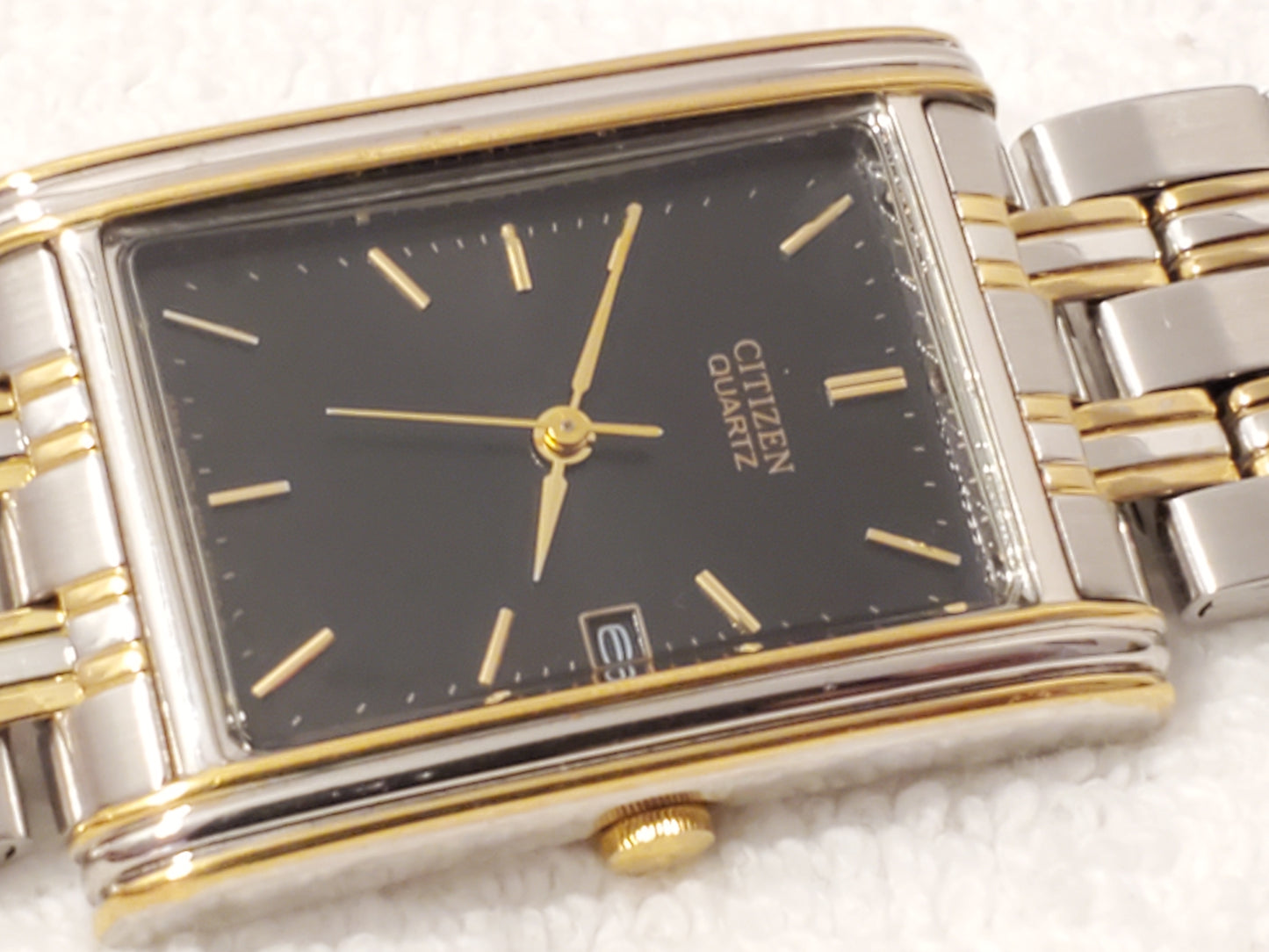 Vintage Citizen Men's Tank Gold Tone Watch Black Dial Date Stainless Steel