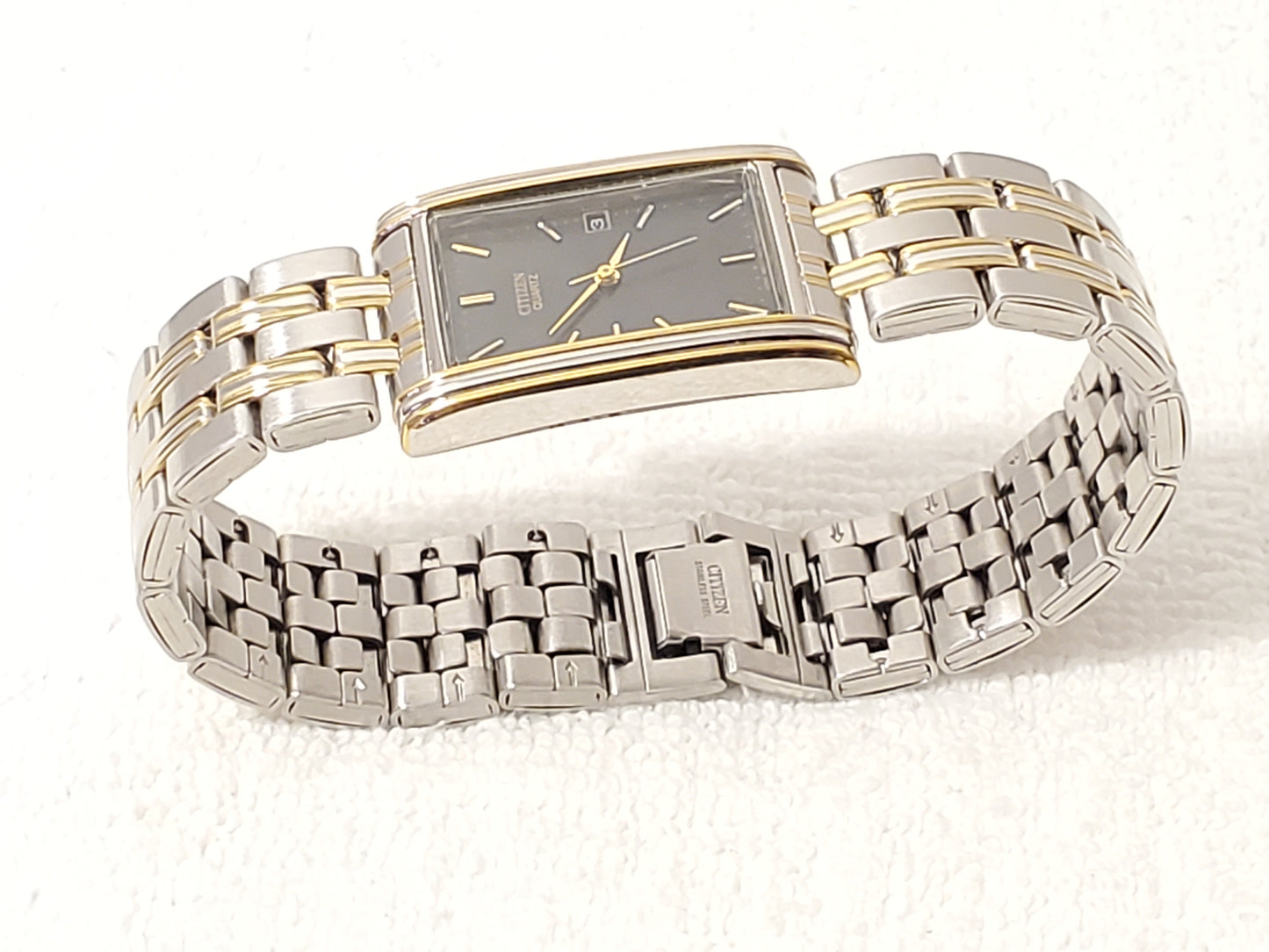 Vintage Citizen Men's Tank Gold Tone Watch Black Dial Date Stainless Steel