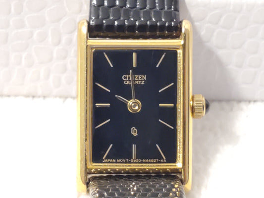 Vintage Citizen CQ Women Tank Quartz Watch 10K Gold 3 Diamonds Charm Black Dial