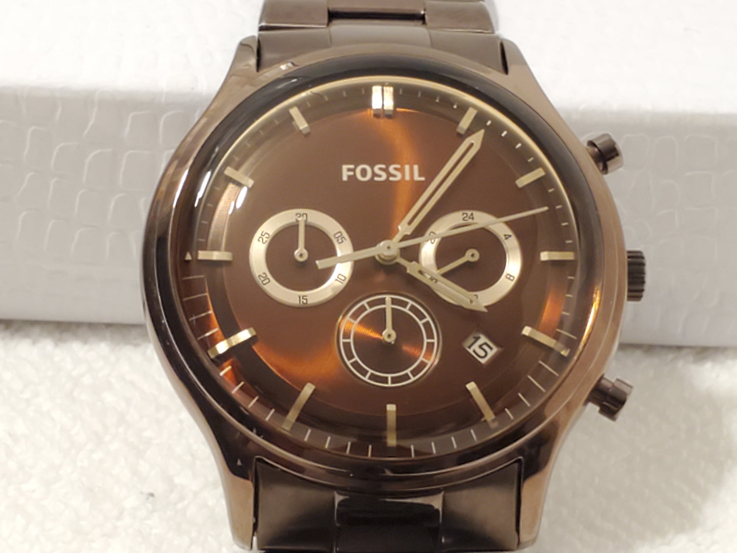 Vintage Fossil Men's Chronograph Date Brown Bronze Tone Stainless Steel Watch