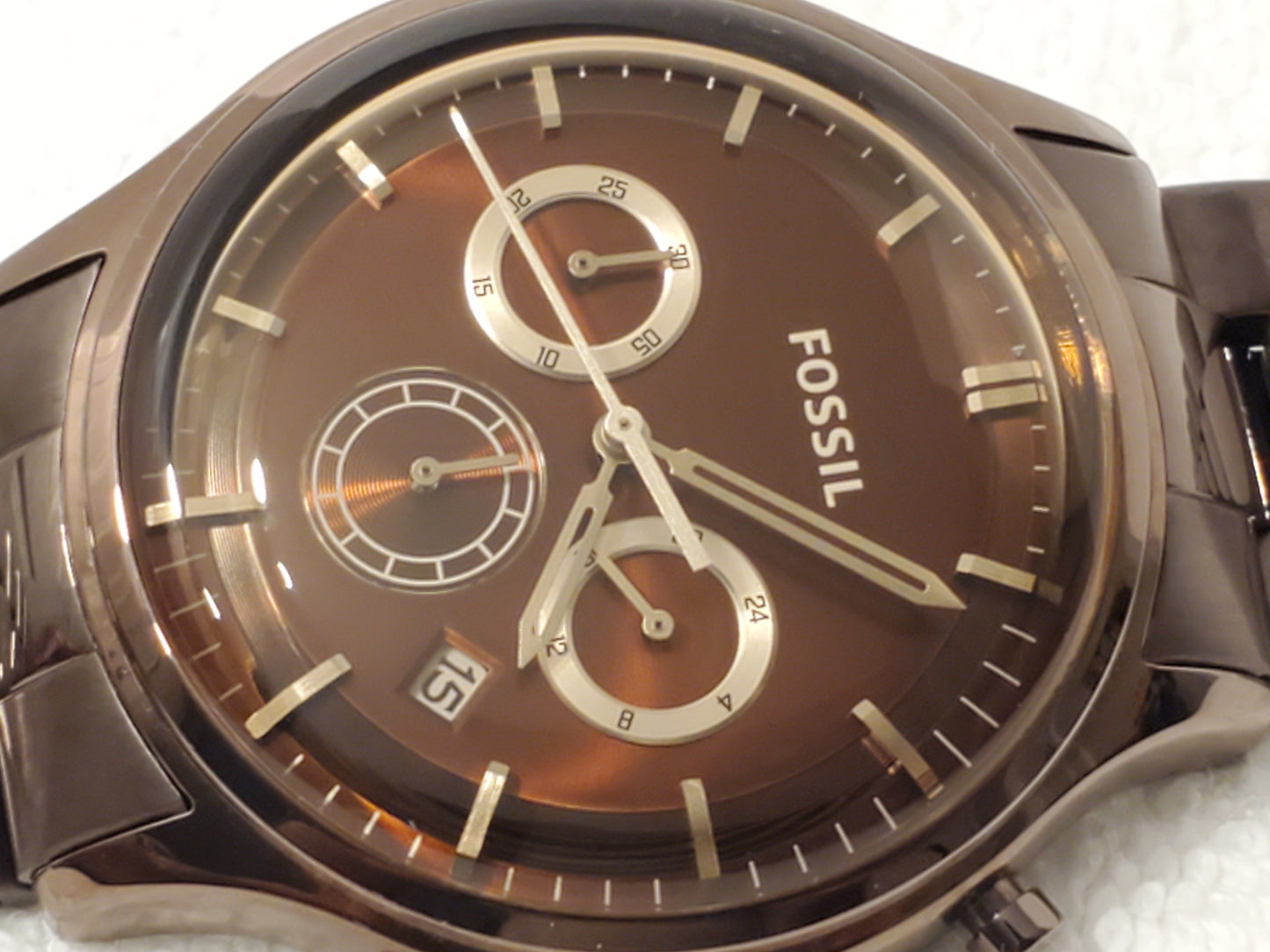 Vintage Fossil Men's Chronograph Date Brown Bronze Tone Stainless Steel Watch