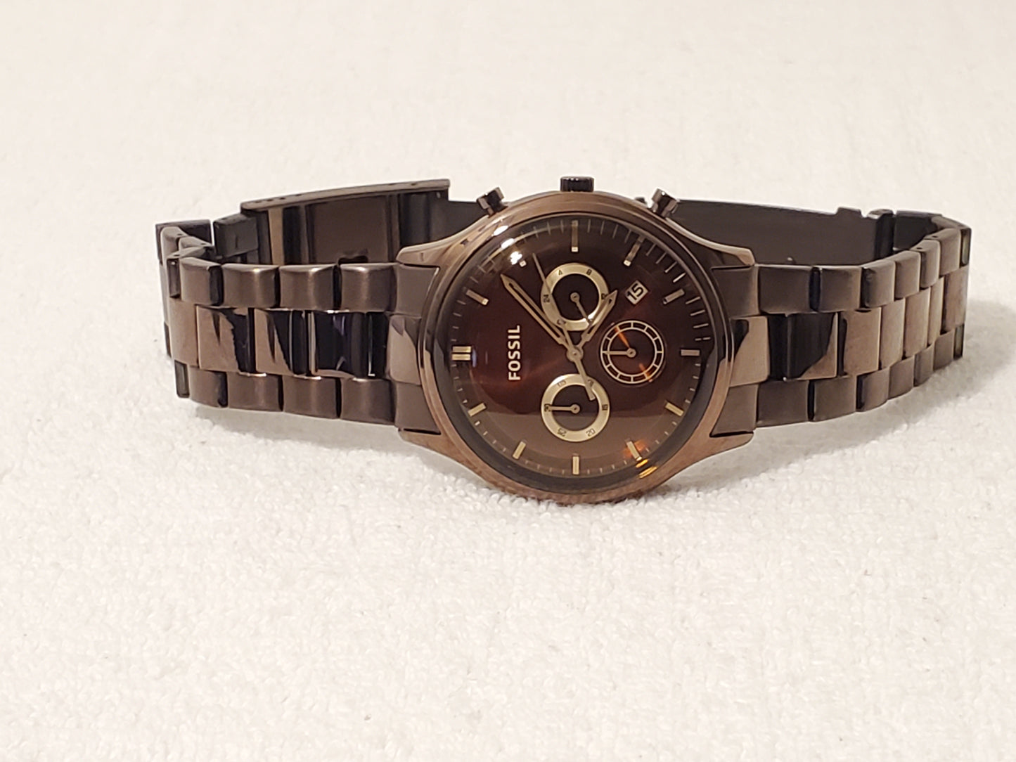 Vintage Fossil Men's Chronograph Date Brown Bronze Tone Stainless Steel Watch