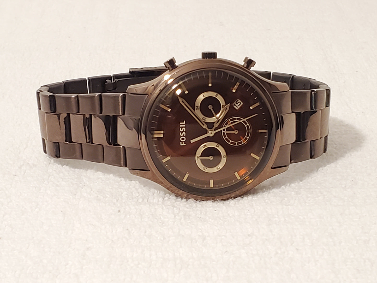Vintage Fossil Men's Chronograph Date Brown Bronze Tone Stainless Steel Watch