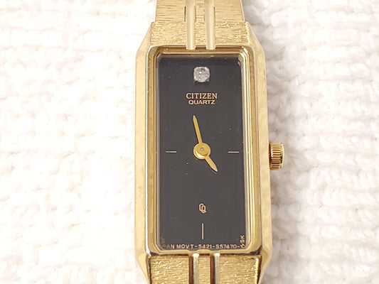Vintage Citizen CQ Women's Quartz Tank Watch Gold Plated Black Dial Diamond