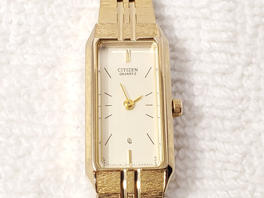 Vintage Citizen CQ Women's Tank Quartz Watch Gold Plated Champagne Dial S Steel