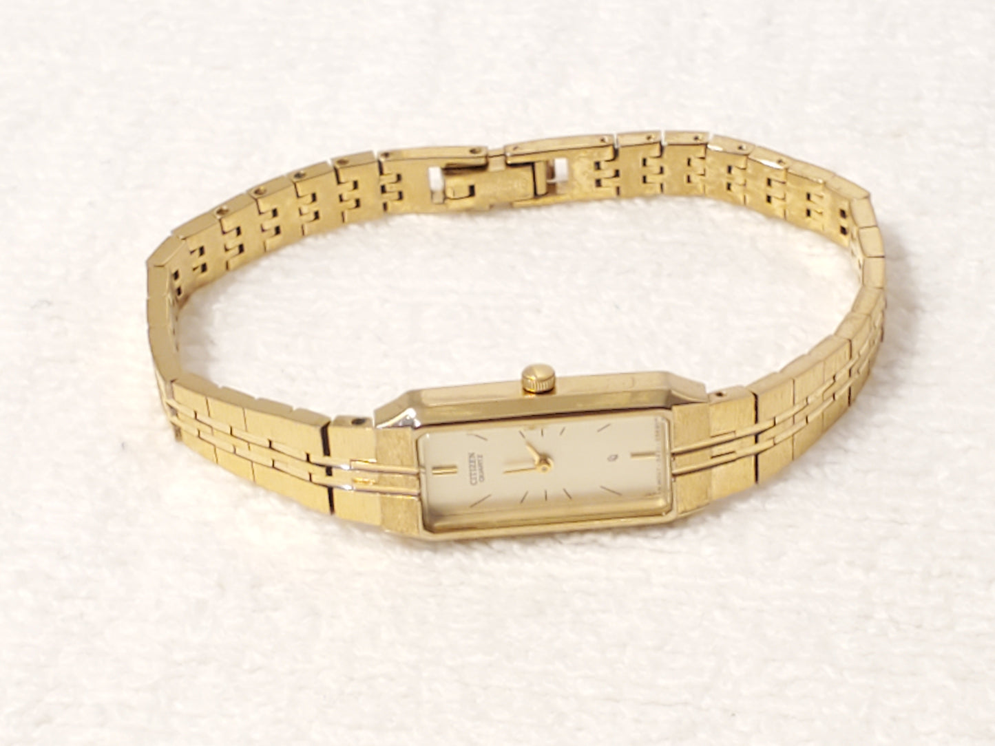 Vintage Citizen CQ Women's Tank Quartz Watch Gold Plated Champagne Dial S Steel