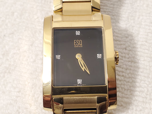 ESQ Swiss Men Tank Watch Diamonds Black Dial Stainless Steel 4 Jewels Gold Tone