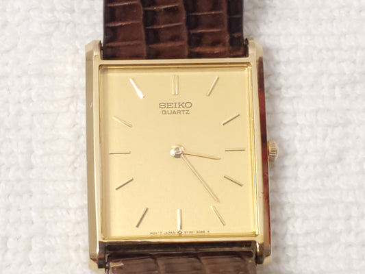 Vintage Seiko Men's Tank Watch Gold Tone One Jewel Brown Leather Strap S Steel