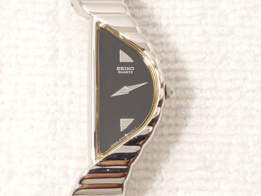 Vintage Seiko Women's Half Moon Quartz Watch Stainless Steel Black Dial
