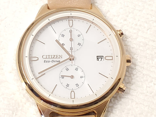 Citizen Eco Drive Chronograph Date Women Watch Rose Gold Tone White Dial Leather