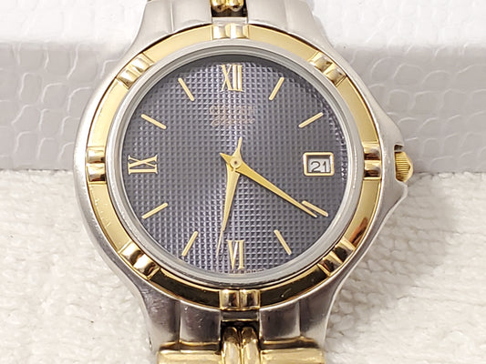 Vintage Citizen Men's Date Quartz Watch Stainless Steel Black Dial Gold Tone